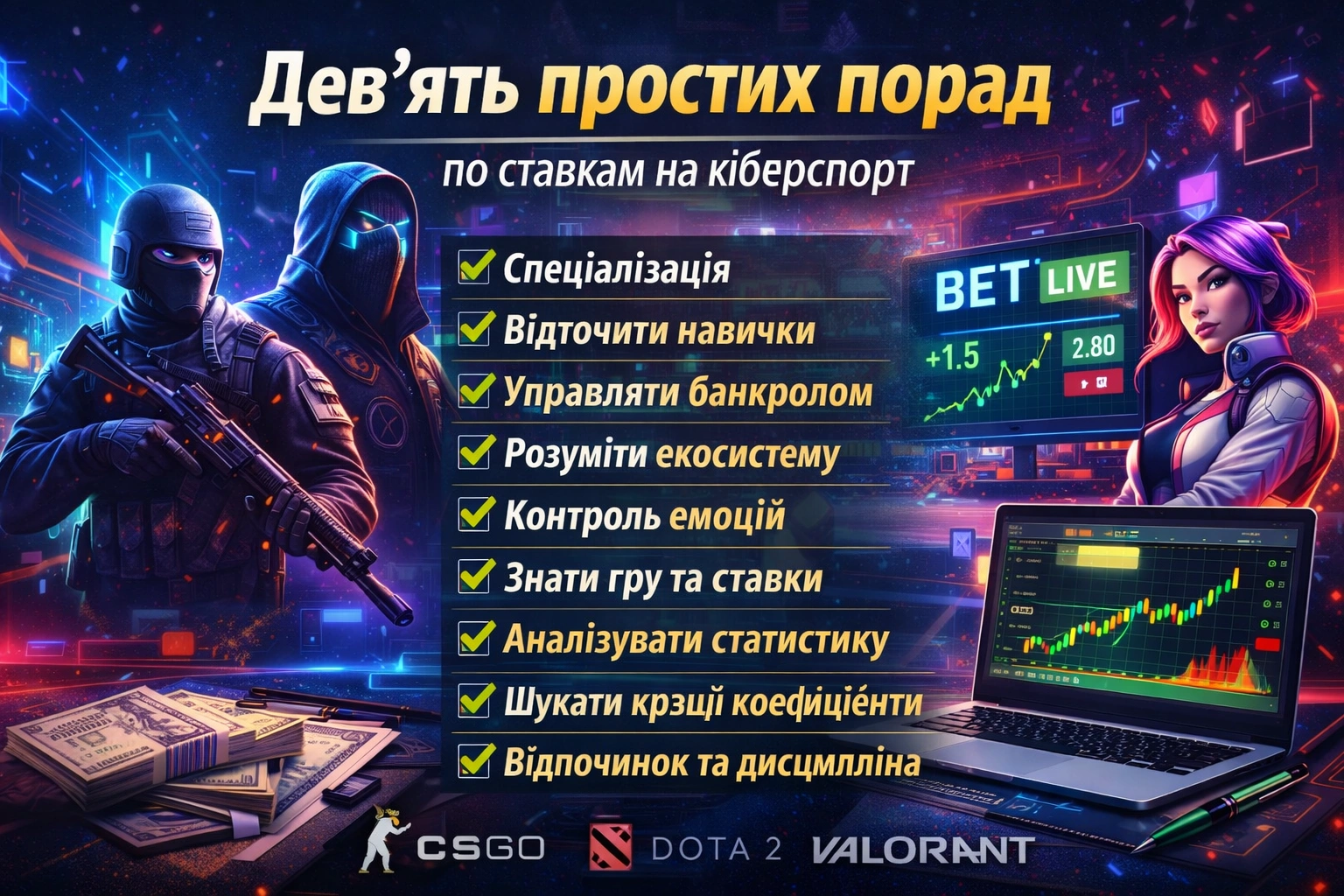 Дев’ять простих порад по ставкам на кіберспорт: як грати розумно та стабільно заробляти на матчах CS2, Dota 2 та Valorant