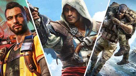 Логотипи Assassin’s Creed, Far Cry та Ghost Recon у презентації Ubisoft