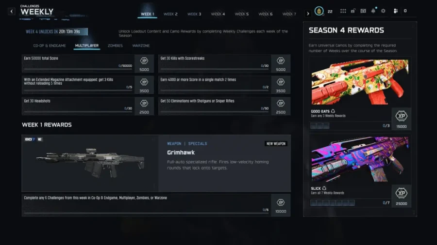 Меню Weekly Challenges із нагородою Grimhawk у Black Ops 7 Season 4